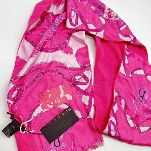 NEW Authentic BURBERRY Scarf 🔥 Pink Stole Logo Silk Cashmere - Picture 2 of 10